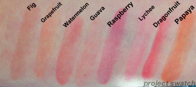 becca beach tint swatches - fig grapefruit watermelon guava raspberry lychee dragonfruit papaya